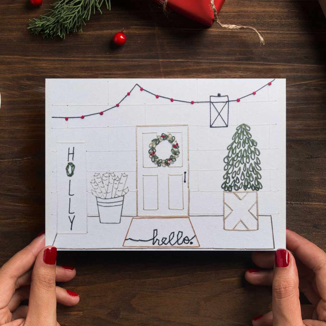 Embroidered Christmas Front Porch Card